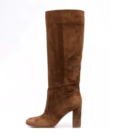 

Autumn Brown Black Suede Round Toe Block Heel Patchwork Knee High Boots Women Fashion Concise Tube Slip On Long Boots Shoes Lady