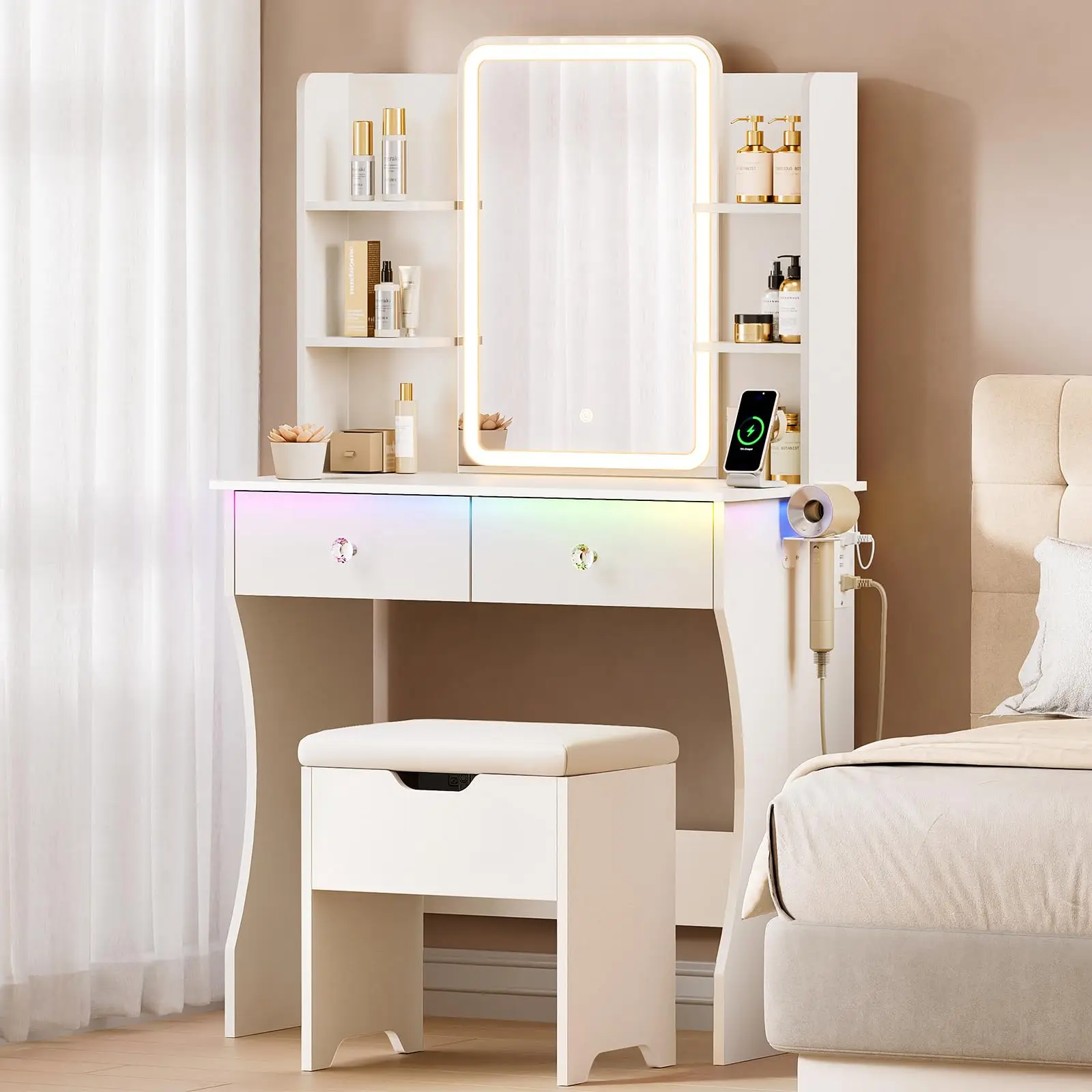 Makeup Vanity Desk with LED Mirror and Lights, Storage-Stool, White