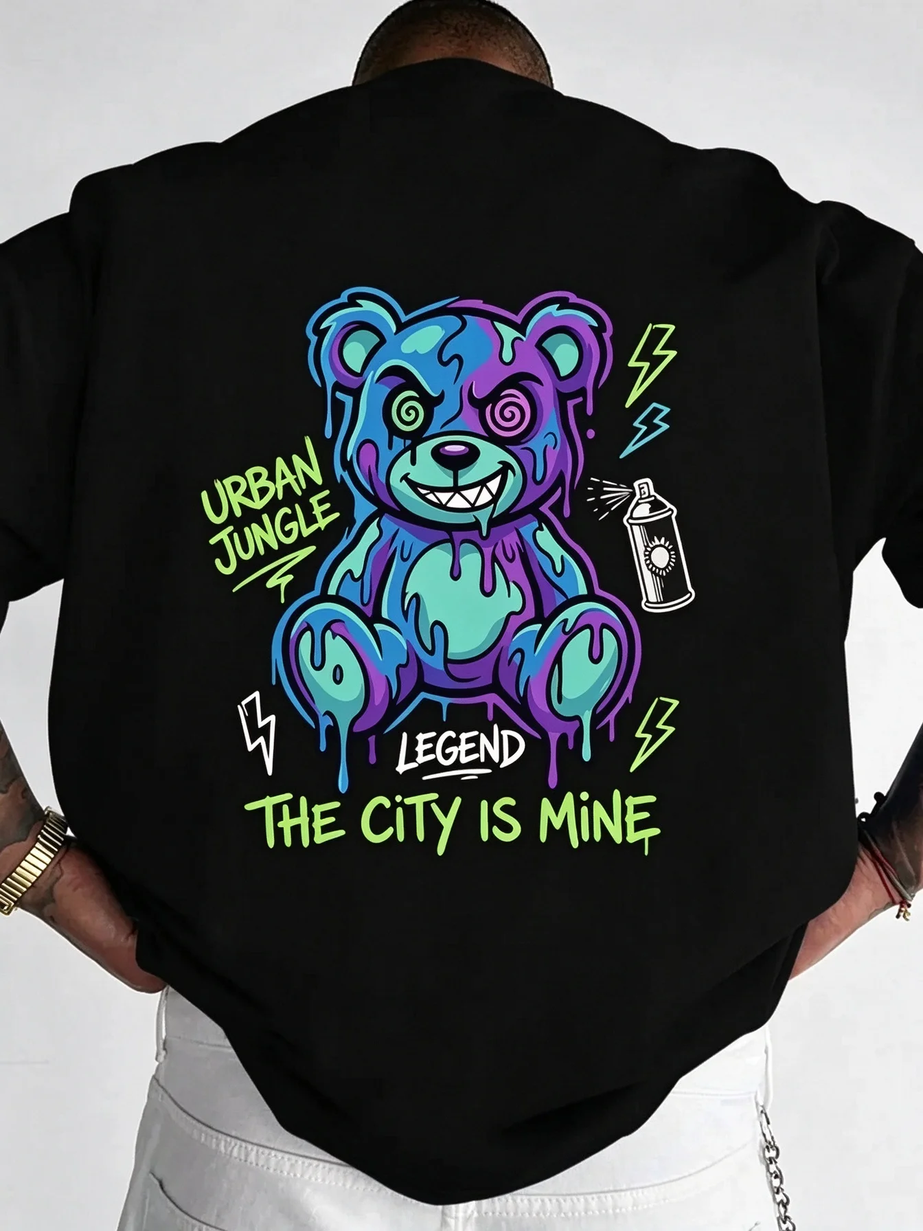 Unisex Dripping Bear Back Print TShirt Graffiti Cartoon Urban Jungle Graphic Loose Crew Neck Short Sleeve Cotton Tops