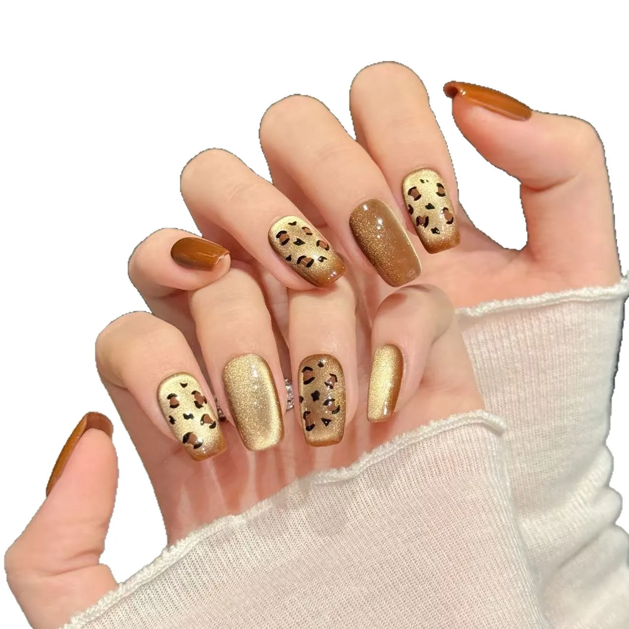 10 قطعة بريق الفاخرة القط العين الأظافر كاذبة قصيرة الخريف الشتاء الأظافر وهمية اليدوية الكرمل ليوبارد تصميم مع أدوات 4 قطعة #5