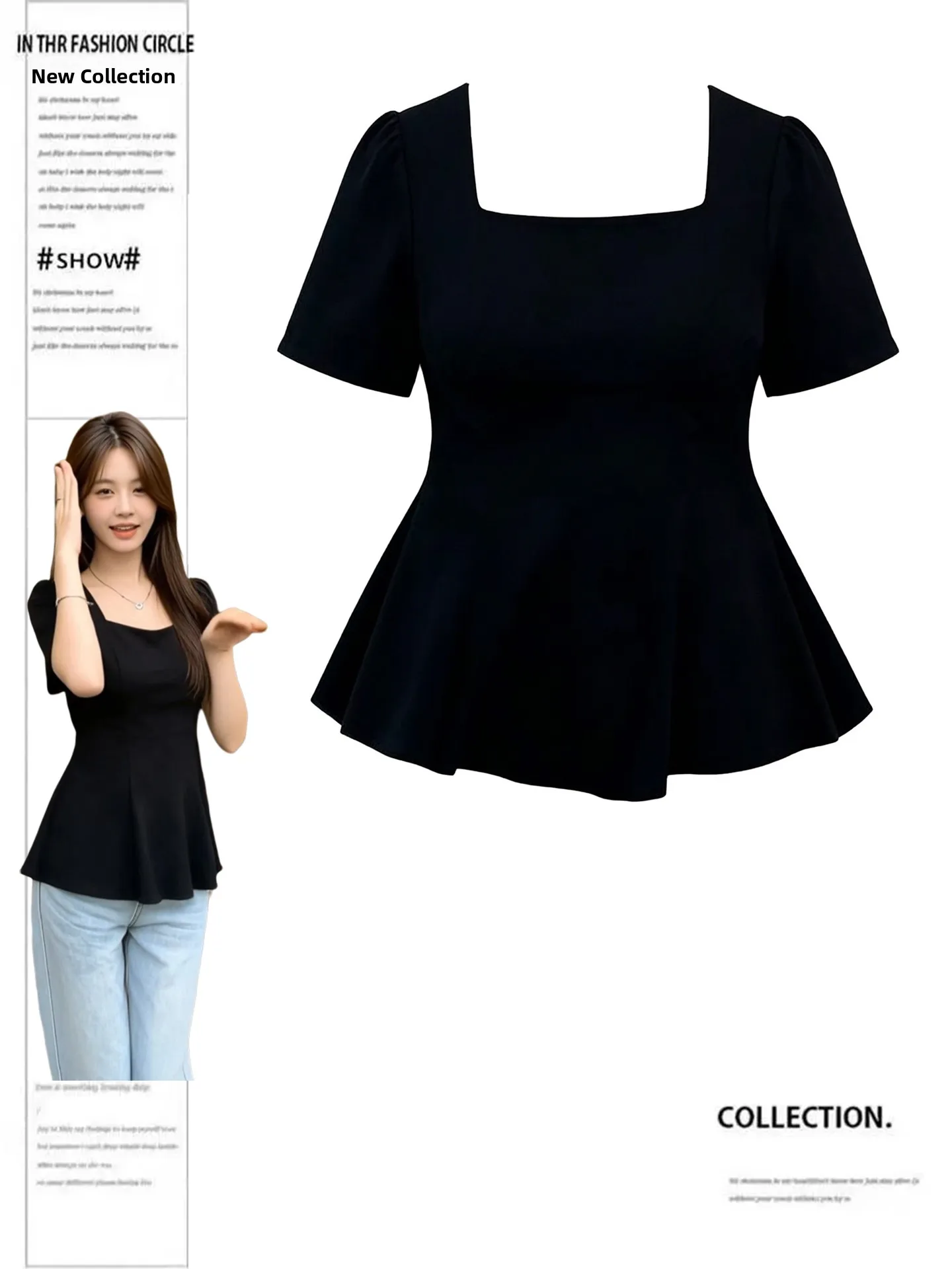 

Loose Summer Short Sleeve T-Shirt Women's plus Size Korean Style Commute Square Collar Top Black Color Versatile Meat Concealing