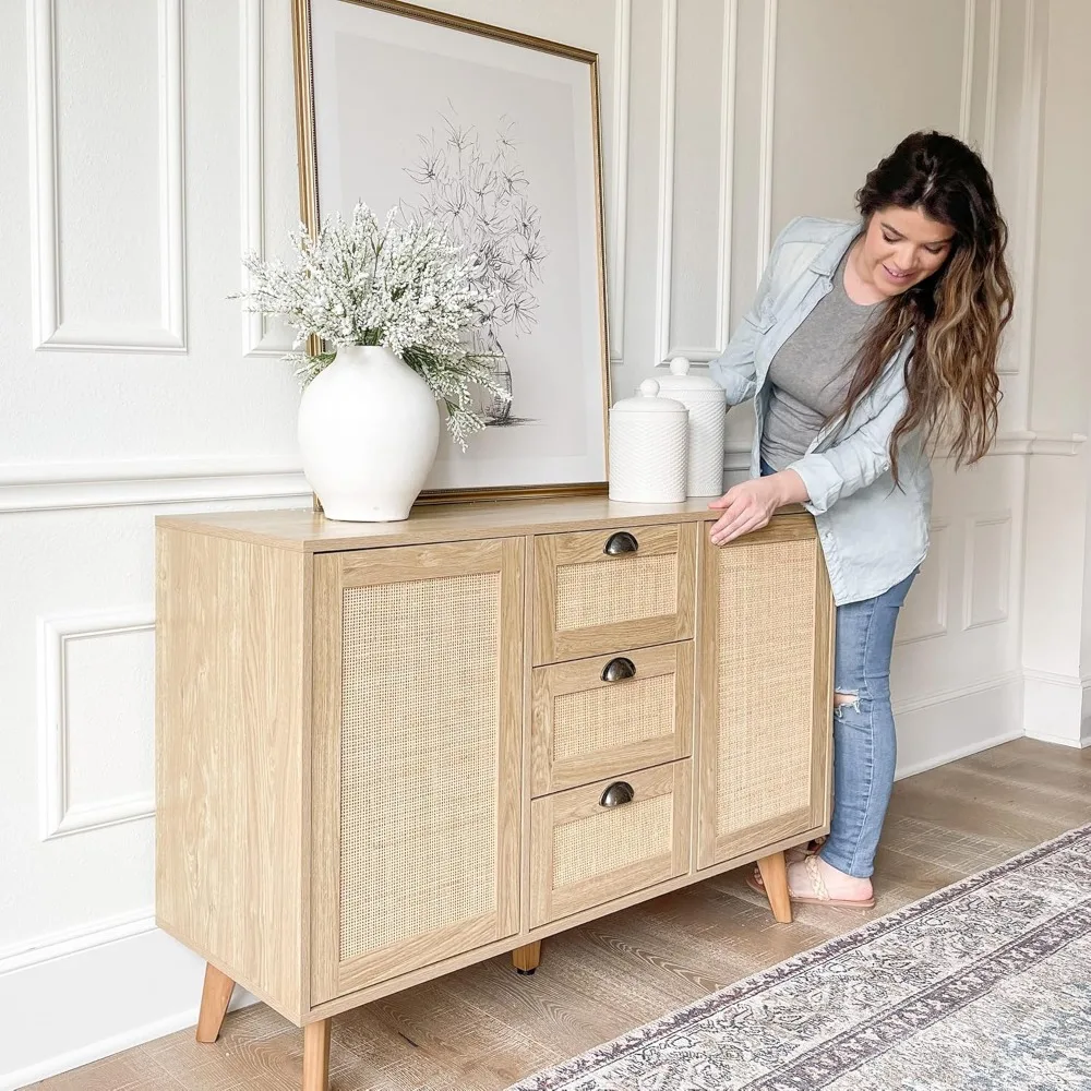 Rattan Sideboard Buffet Cabinet with Doors and Drawers, Console Table