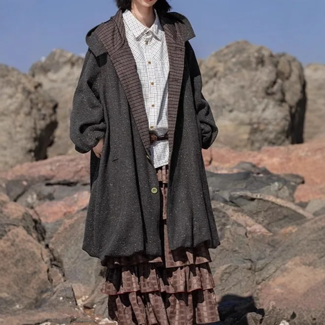 

SuperAen Japan-style Retro Hooded Mid-length Coat Autumn Design Flower Buds Design Single-breasted Oversize Coats