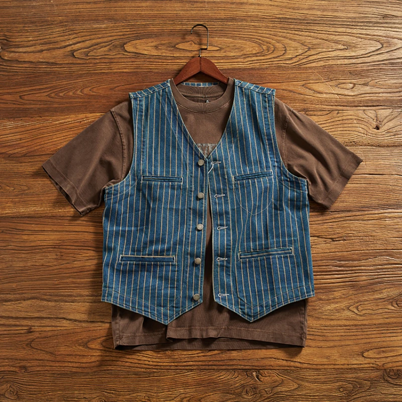 May Khaki denim vest men fashion vintage do old striped vest multi-pocket V-neck folded wear cargo vest men