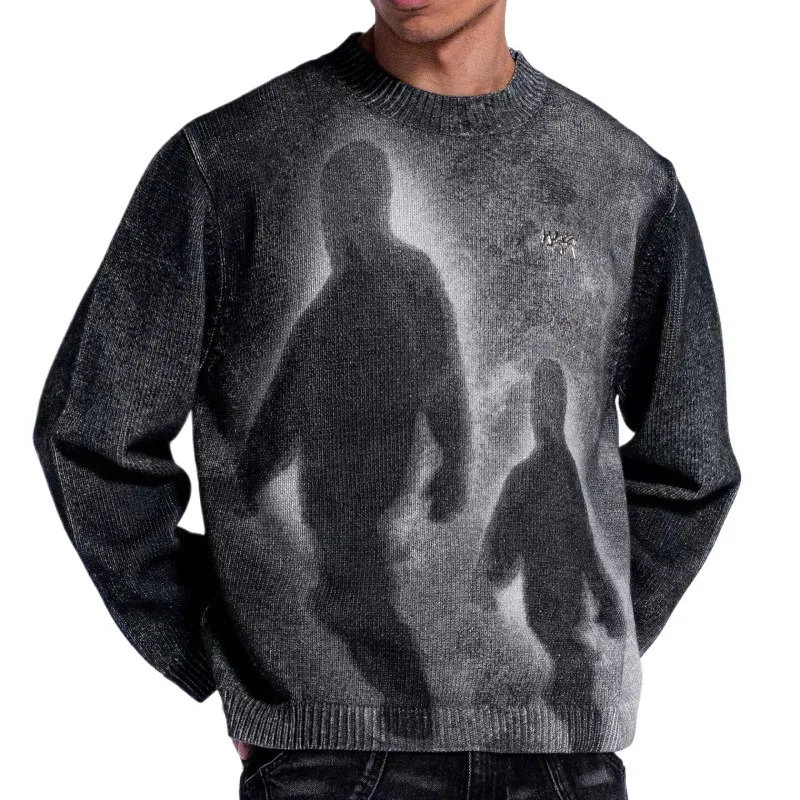 Men's High Streetwear Knitted Sweater Pattern Printed Vintage Oversized Jumpers Knitwear For Male Loose FIt Pullover Tops