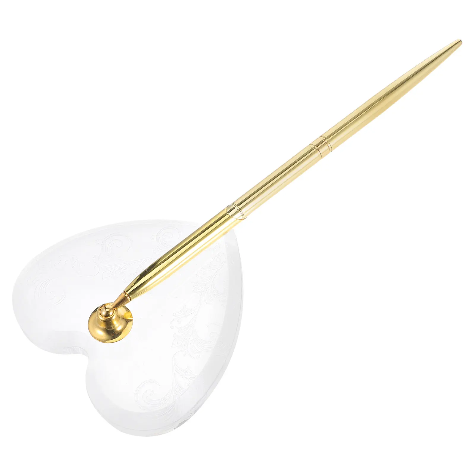 Signing Pen Acrylic Heart Stand Gold Metal Ballpoint Wedding Guest Book Ceremony Reception Bridal Anniversary Engagement