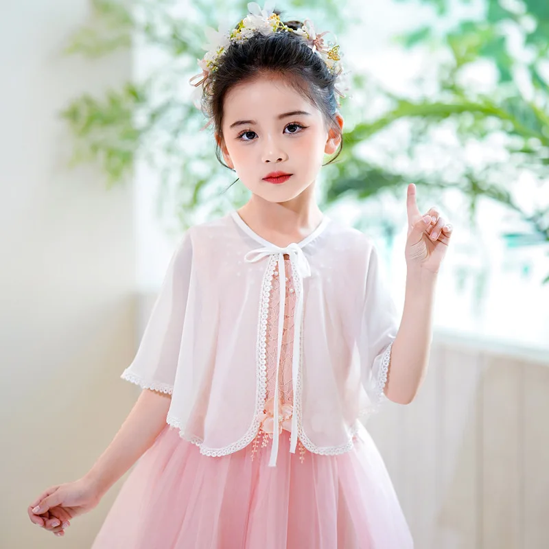 Kids Girls Red Beige Wraps Lace Chiffon Children Bolero Short Wedding Jacket Summer Shawls Tulle Cape Cover Over the Shoulders