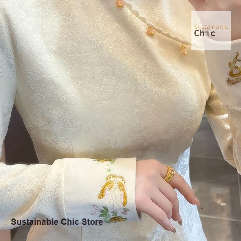 New Chinese national wind printed jacquard plus velvet blouse New autumn and winter stand-up collar slim long-sleeved blouse