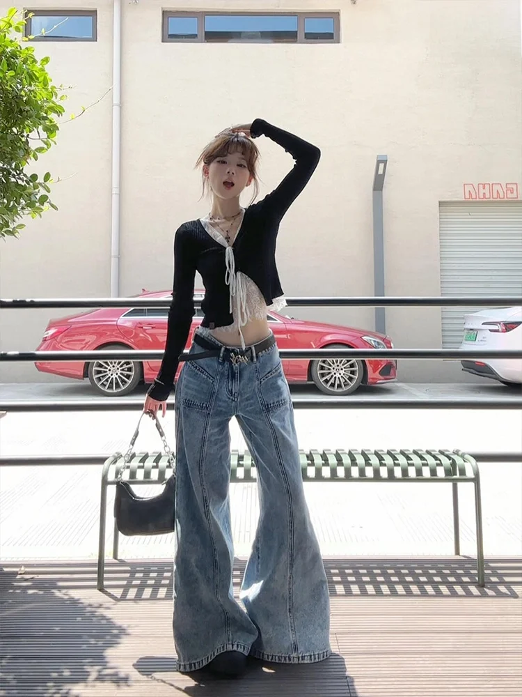 

Широкие джинсы с высокой талией. Женские свободные брюки прямого кроя длиной до пола. Американский уличный дизайн с разрезом. Осень Новый S...