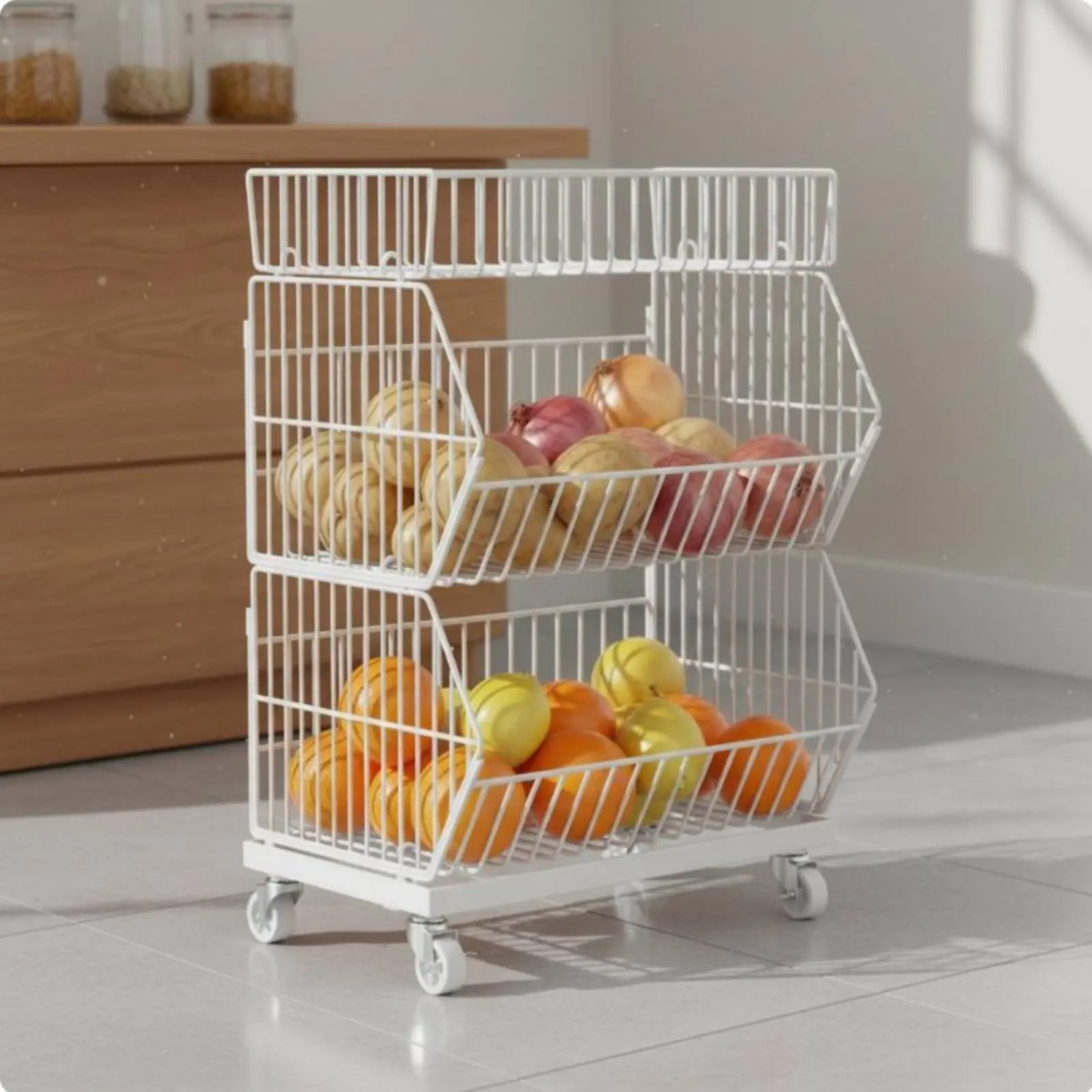 Vegetable Fruit Storage Bin Mobile Design Multi-Tier Rolling Cart Snack Display Shelf Easy Reach Kitchen Organizer for Pantry view 6