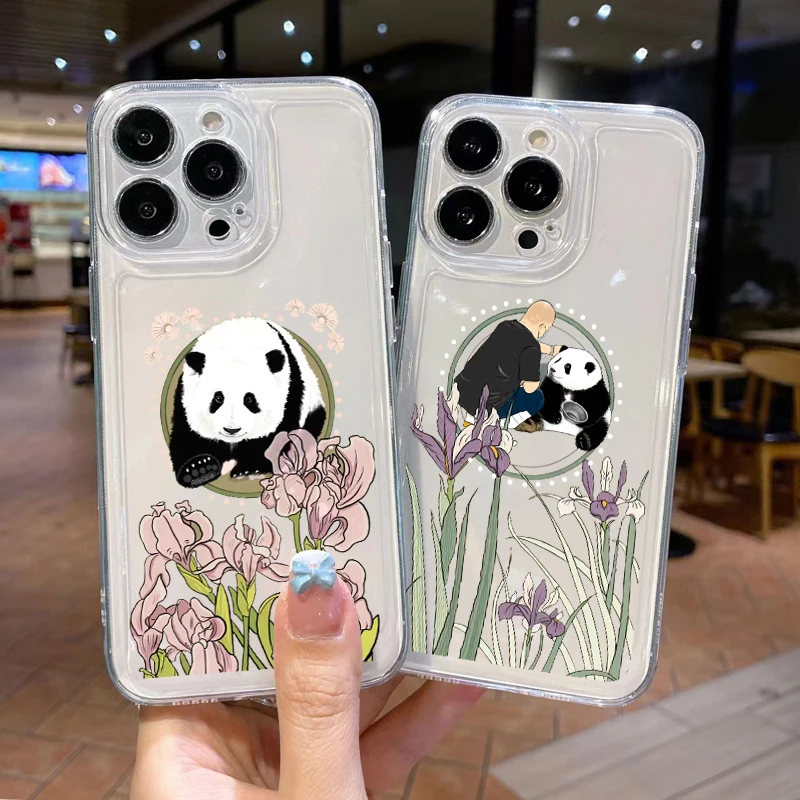 Panda phone case surrounded flowers Phone Case for iPhone 14 13 12 Mini 11 Pro X XR XS Max 7 8 Plus SE2 Clear Bumper Cover Funda