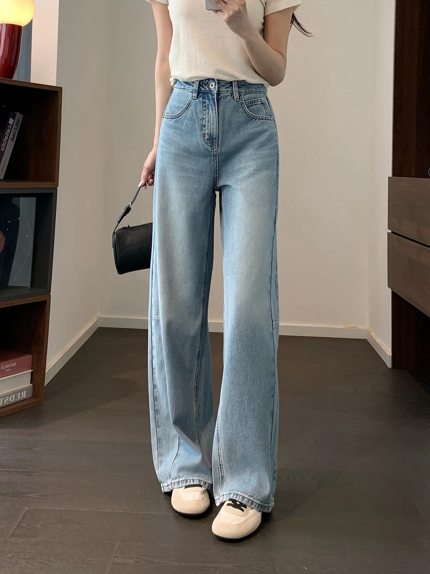 

High Waist Hanmoh Hemp Wide Leg Pants Casual Jeans Straight Cut Slimming Loose Fit Micro Arc Shape Women's Denim