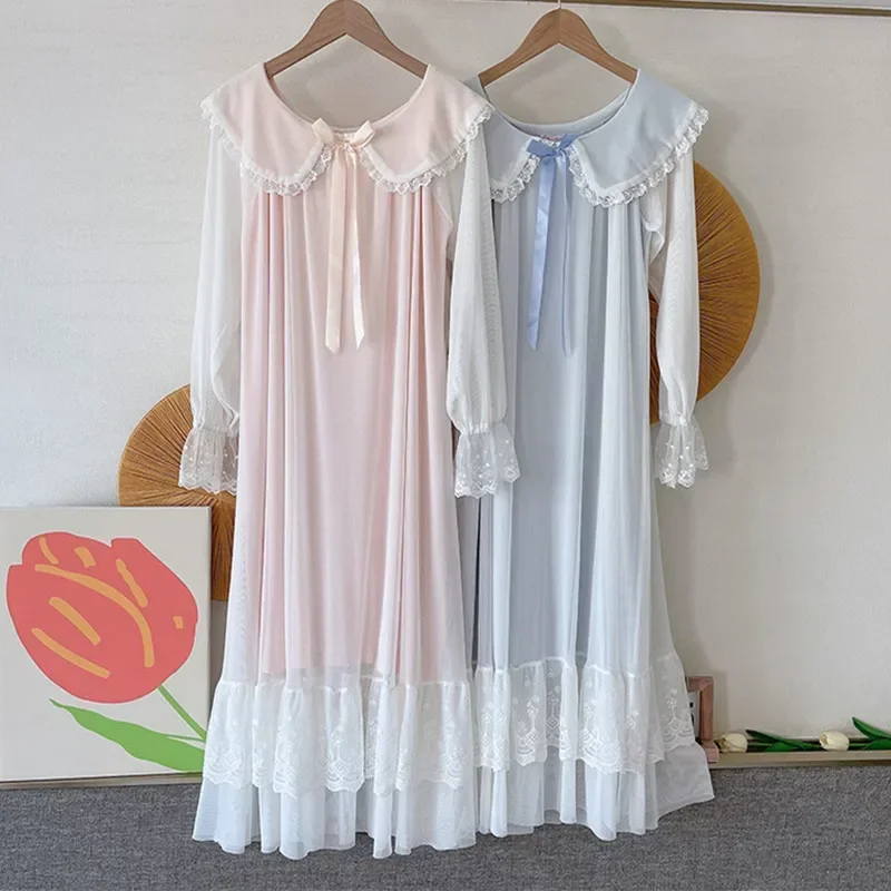 Vestido de gasa estilo palacio para primavera y otoño, camisón holgado de princesa, camisa de noche de manga larga para mujer, camisón largo de encaje dulce, ropa de casa, conjunto de pijama de encaje y satén sexy para mujer, venta al por mayor directa de fábrica, precio económico al por mayor.