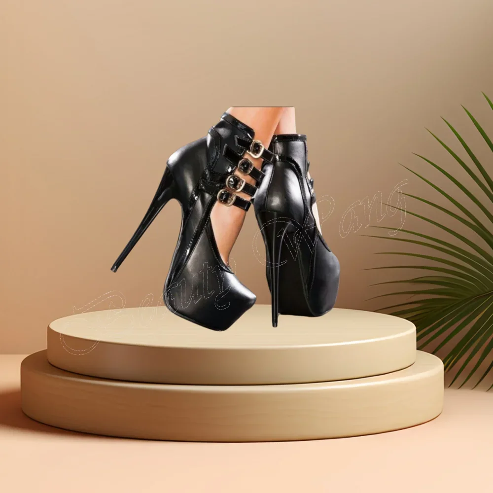 

Black Spike Heel Side Buckle Sandals Pu Leather Ankle Buckle Round Toe High Heel Shoes for Women High Heel 2024 Zapatillas Mujer