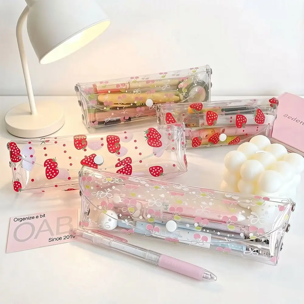 High Quality PVC Pencil Case Transparent Strawberry/Cherry Print Stationery Pouch Snap-button Type Stationery Bag School Office