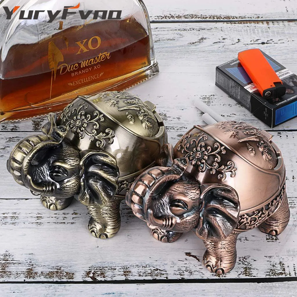 YuryFvna Metal Elephant Ashtray with Lid Windproof Ashtray Ash Tray Vintage Desk Decoration Cigarette Great Gift for Men