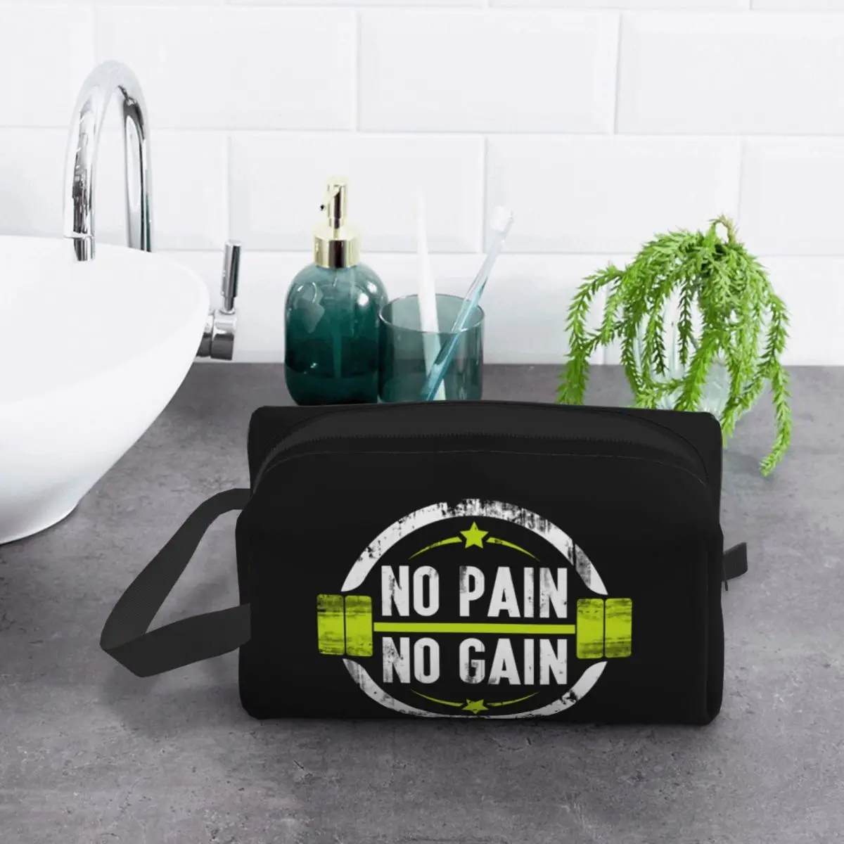 Custom No Pain No Gain Toiletry Bag Women Bodybuilding Fitness Gym Makeup Cosmetic Organizer Lady Beauty Storage Dopp Kit Case