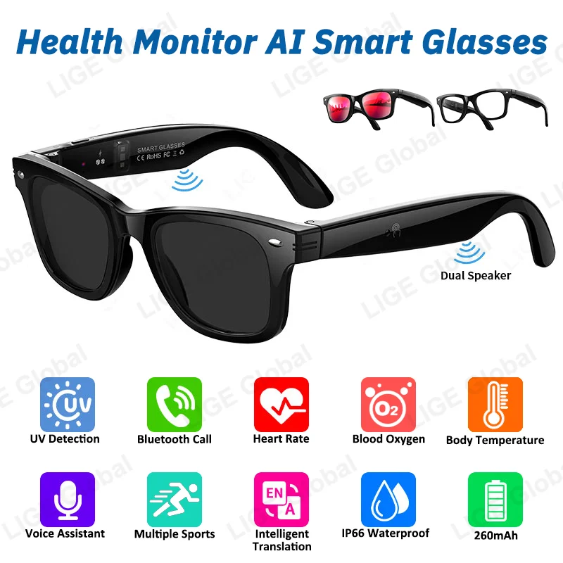 

LIGE Smart Glasses Heart Rate Blood Oxygen Health Monitor Sport Sunglasses AI Translation Voice Assistant Bluetooth Call Glasses