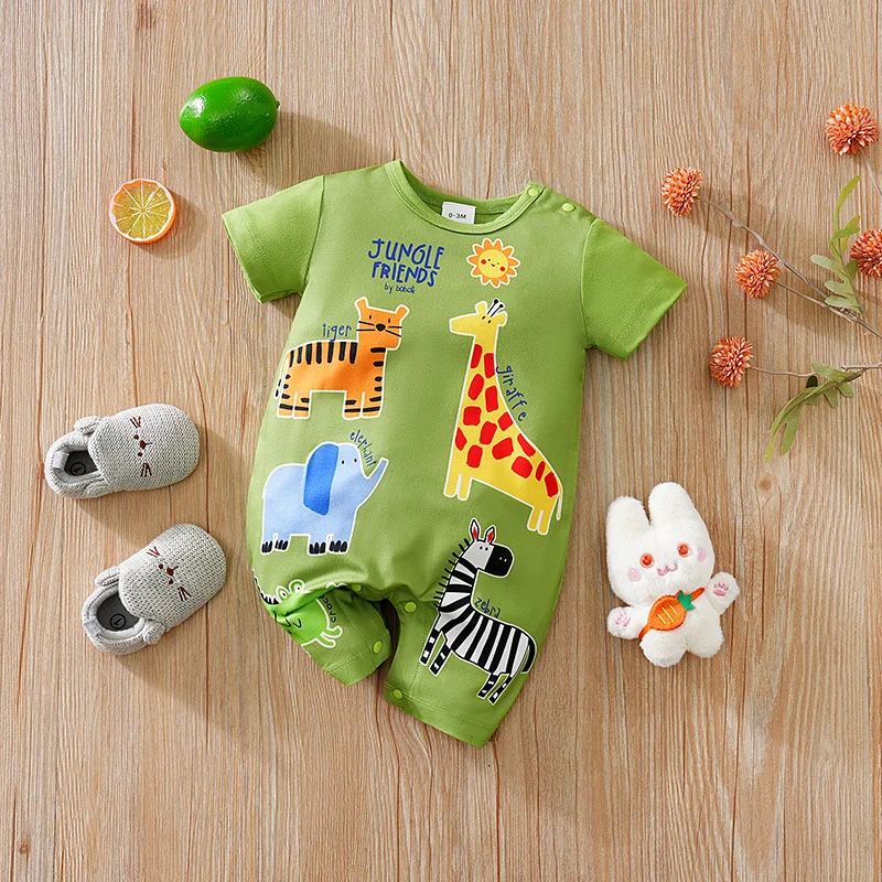 Baby Summer Jumpsuit With Green Cartoon Animal Print For Boys Casual Climbing Suit With Round Neck And Pullover Summer Outfit
