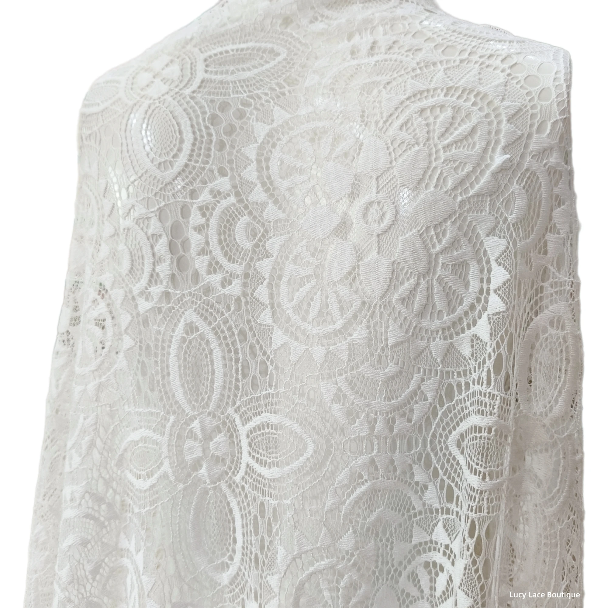 SOFT Quality Geometric Style Eyelash French Lace Fabric Dress Material 1 Piece=1.5x3 Meters Off White Black Color