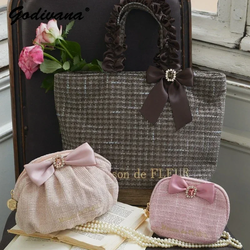 Japanese Autumn Winter New Houndstooth Rhinestone Bow Portable Makeup Bags Students Coin Purse Storage Women's Cosmetic Bags