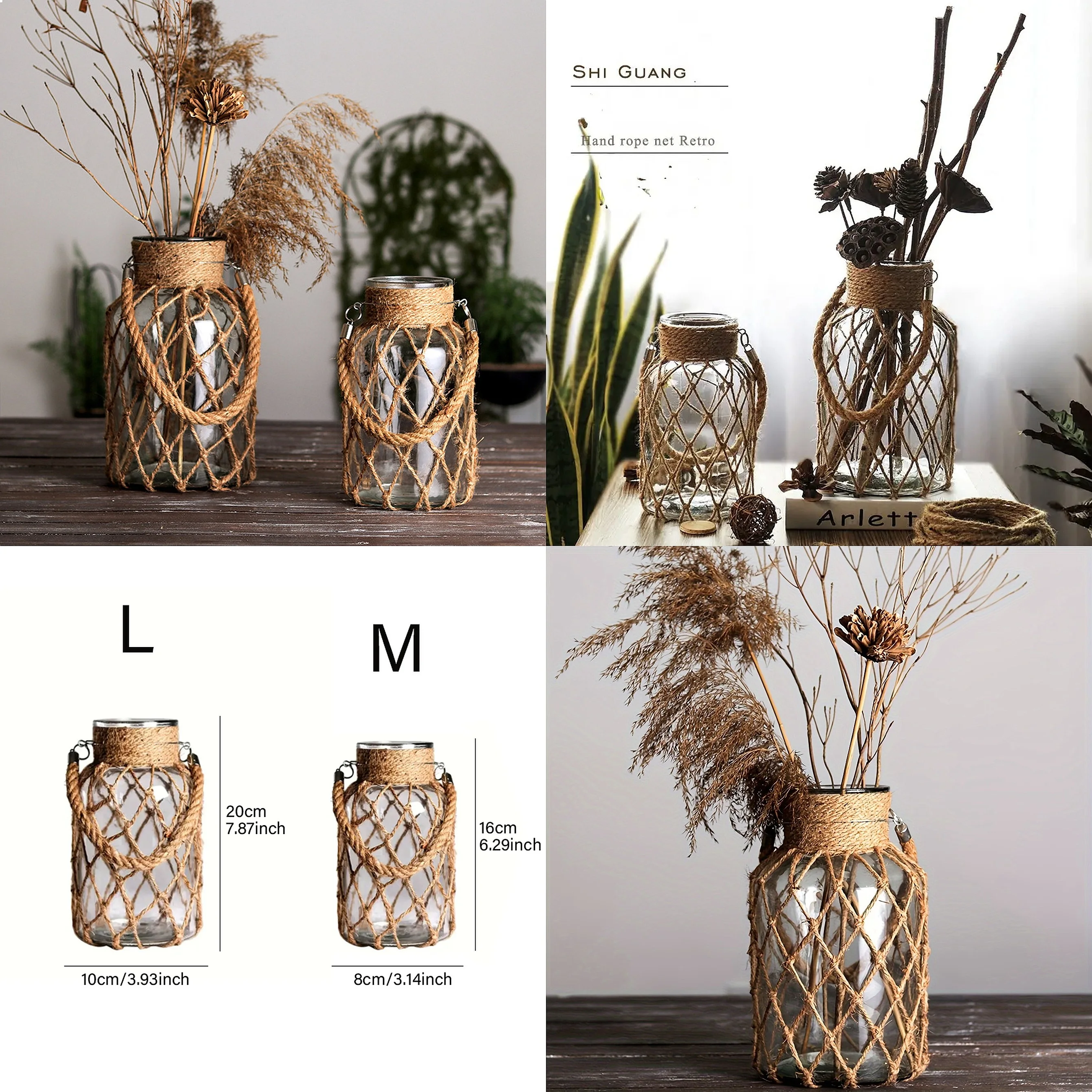 1 Piece Vintage Creative Handwoven Mesh Pocket Clear Glass Vase, Portable Floral Hydroponic Vase Decorative Ornament