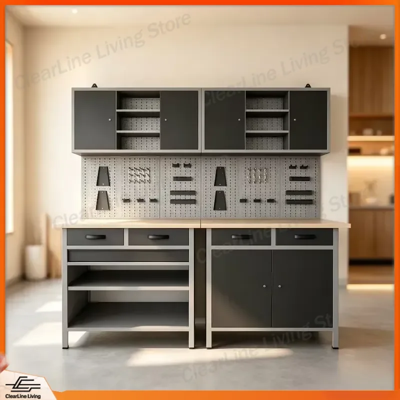 Heavy Duty Modular Garage Storage System Professional Steel Workshop Workbench Cabinet Set With Pegboard Tool Organizer