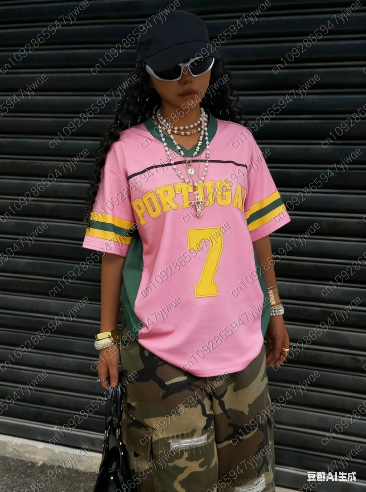 Summer Tee Women letters PORTUGAL Print V-Neck Short Sleeve T-Shirt hip hop Baseball Jersey Stripe Women Plus Size Sport T-Shirt