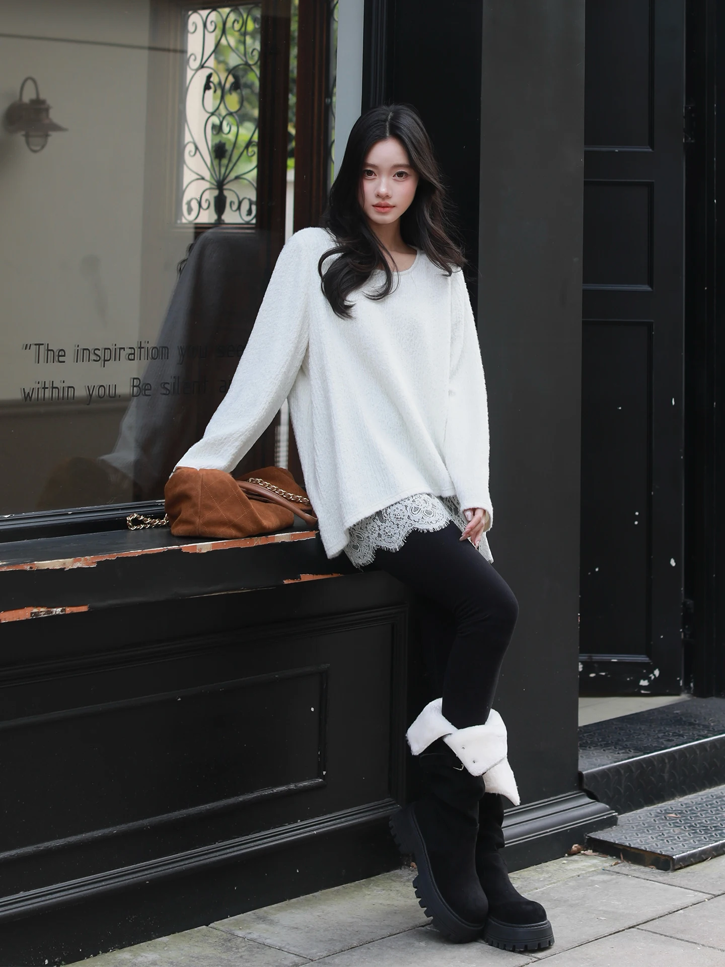 

Loose Lace Splice Women's T-irt Breathable Casual Sle Long Sve round Ne Mid-Length Polyester Blend Fce-Like Texture