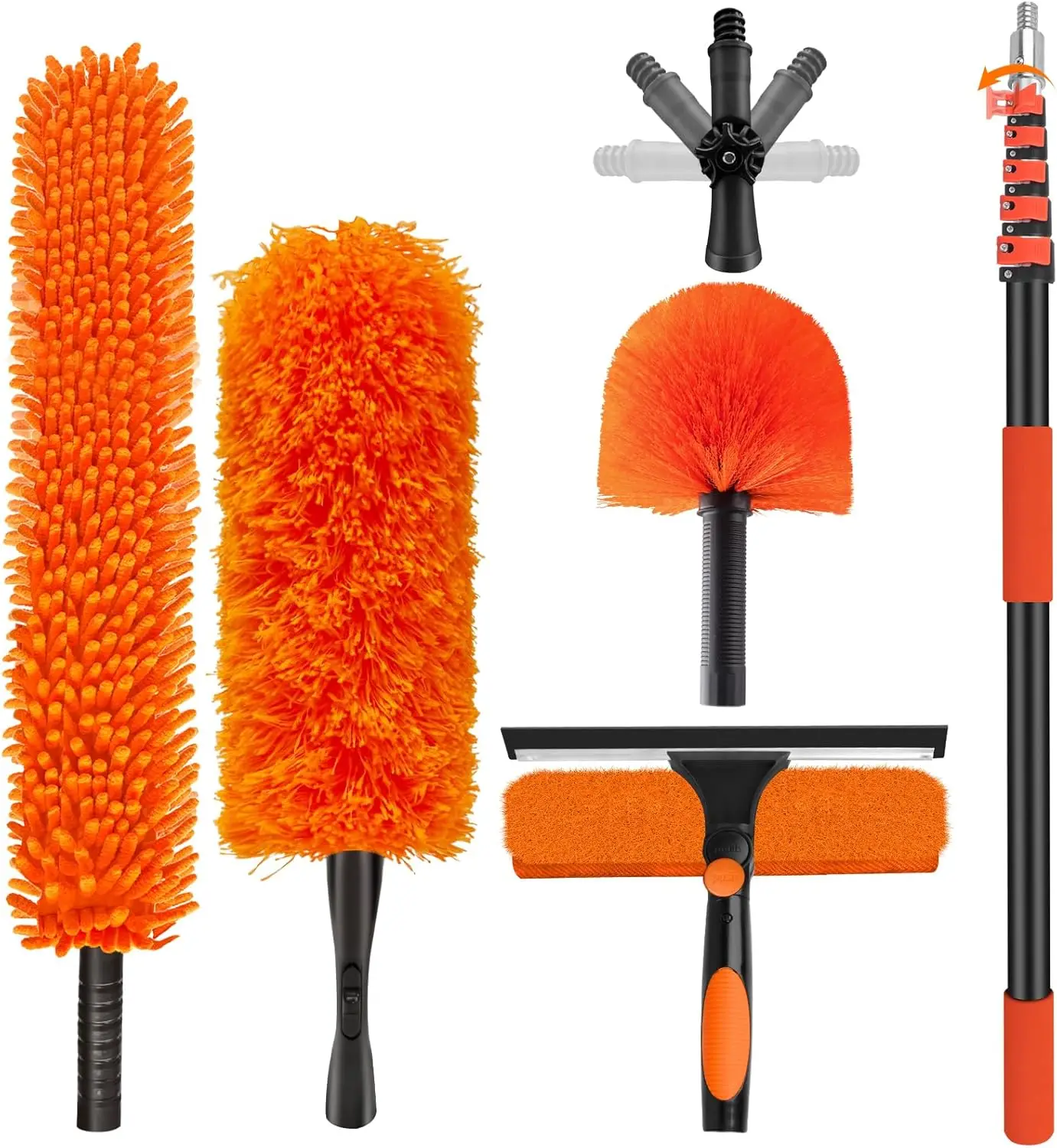 

30FT High Reach Duster Cleaning Kit with 24FT Pole | 4-in-1 Tool Set with Universal Swivel Joint | High Ceiling Fan Cleaner, Mic