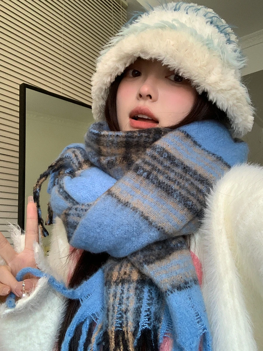

Fashionable Korean Plaid Scarf For Women New 2025 Winter Thickened Warm Neck Warmer And Shawl Two-In