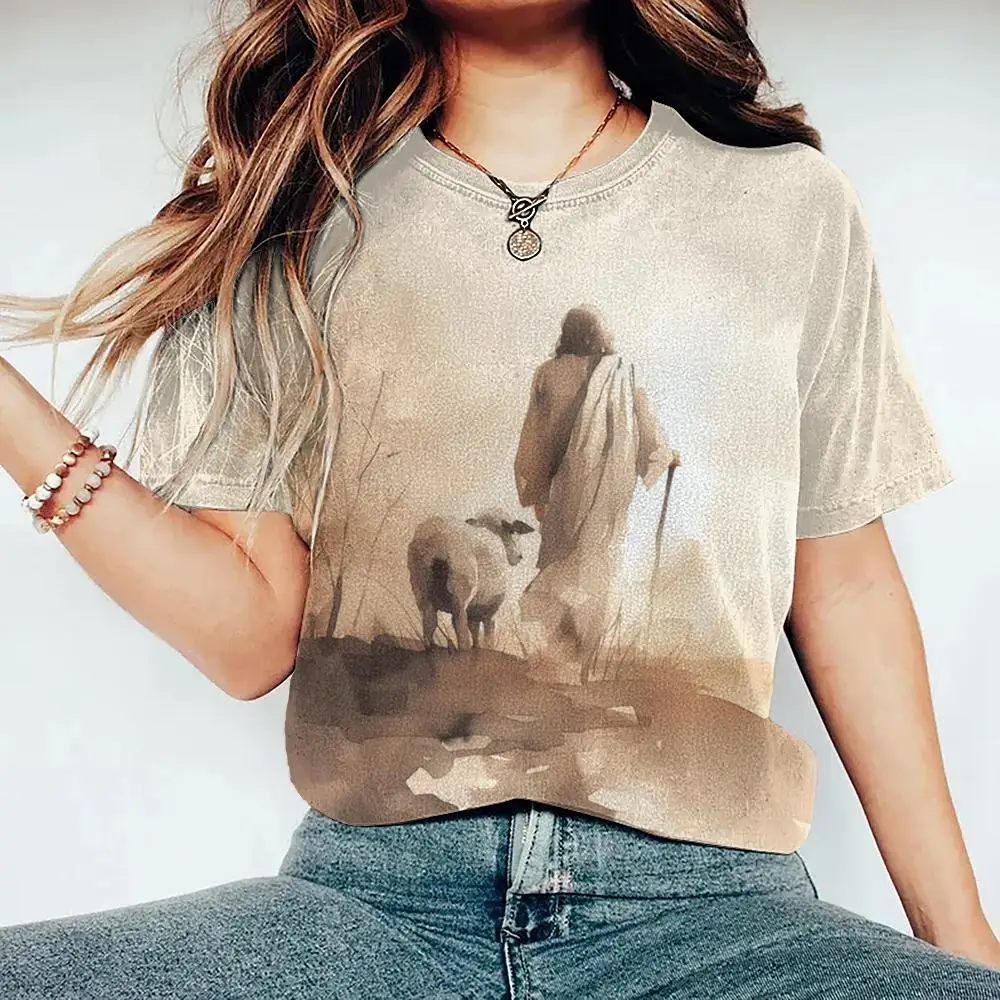 Women Fashion T-Shirts Jesus 3D Print Short Sleeve Christian T Shirt Casual Tops Summer Female Jesus O-Neck Loose Oversize Shirt image 5