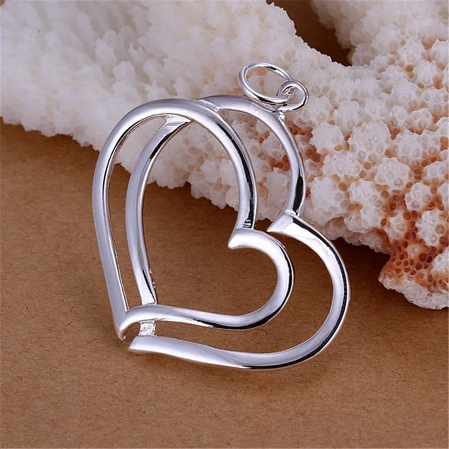 Classic 925 Sterling Silver romantic Double Heart Pendant necklace for women Fashion brands Jewelry Wedding party Holiday gifts