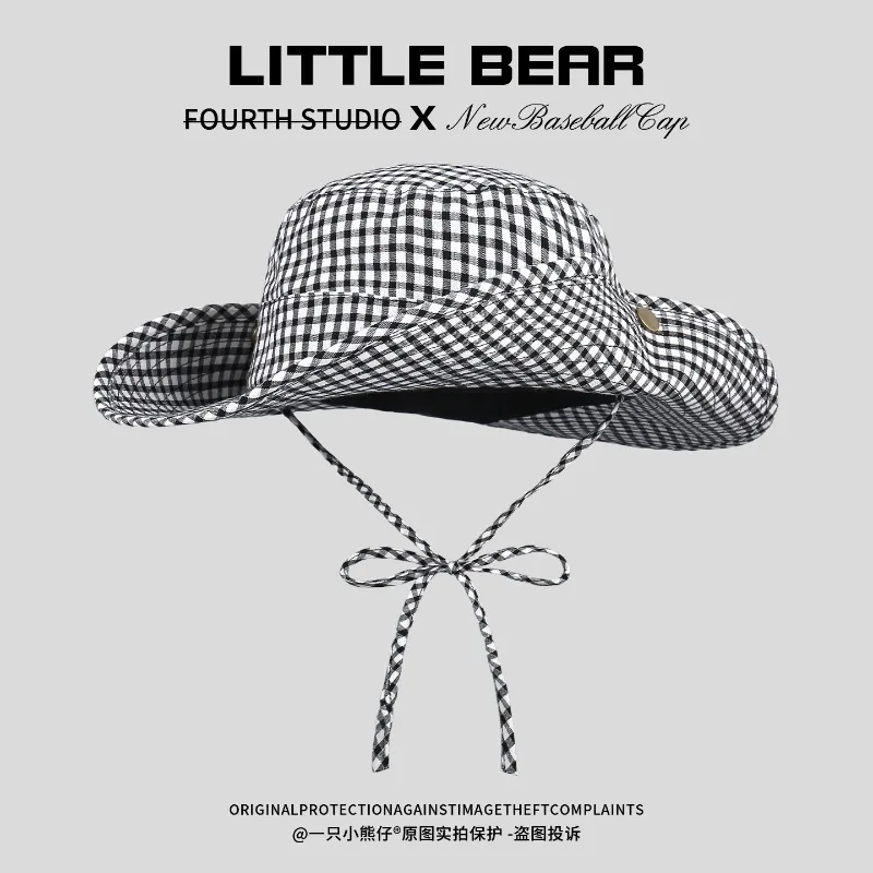 Korean Ins Fresh Colorful Plaid Strap Bucket Hats for Women Summer Travel Sun Protection Versatile Retro Flip Brim Cowboy Caps