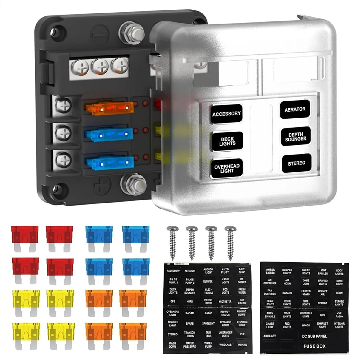 ABUA 6 Way Fuse Block Box 12V/24V DC, ATC/ATO Fuse Panel with LED Indicator for Marine Boat Automotive Motorcycle