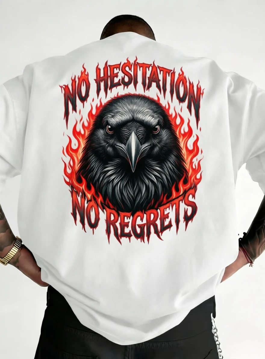 Metal Style Raven with Flames Print T-Shirt 100% Cotton Unisex Oversized Short Sleeve Tee