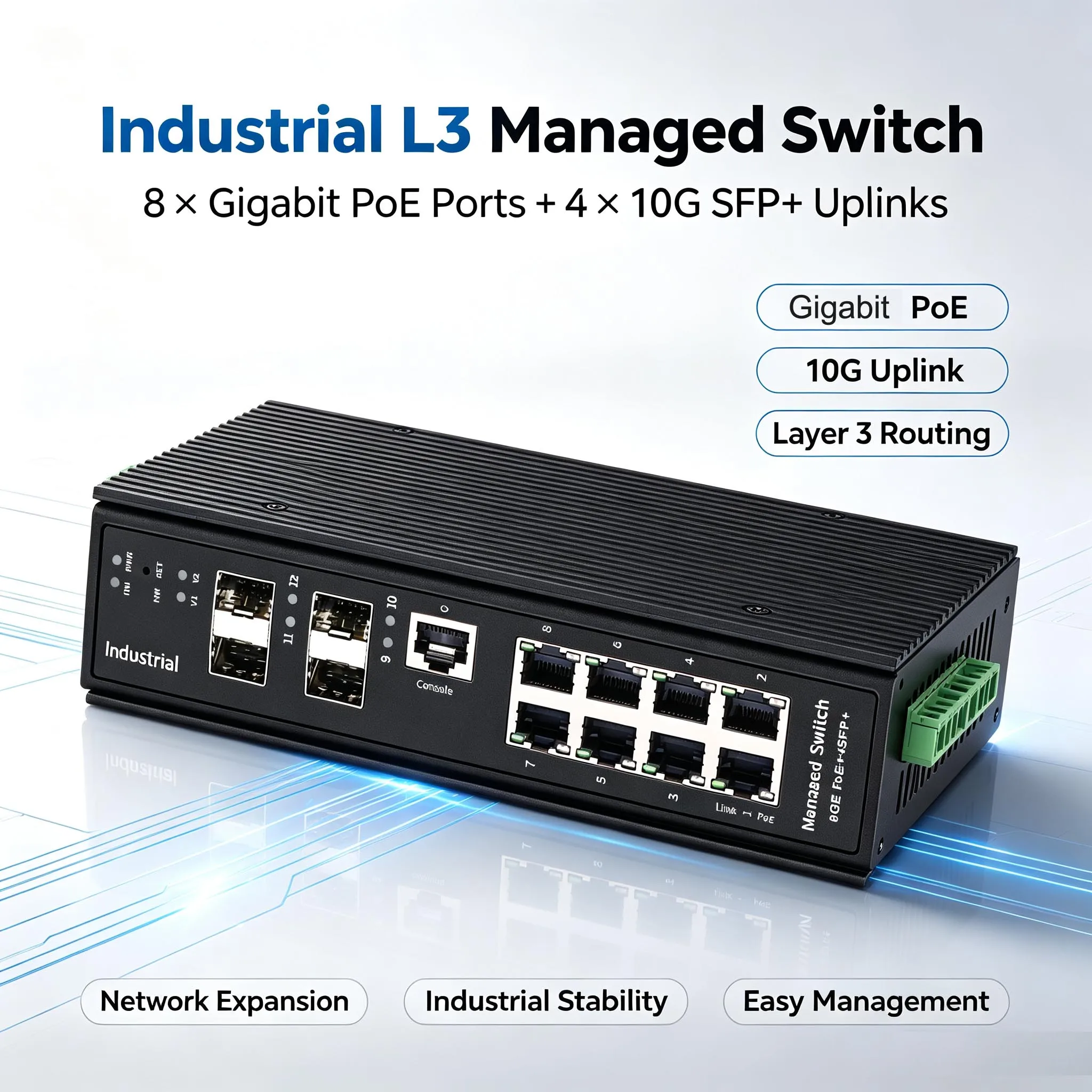 L3 Managed Industrial Switch 8 Ports with 4 Ports 10Gbe SFP+ POE Network Switch 802.3BT MAX 90W