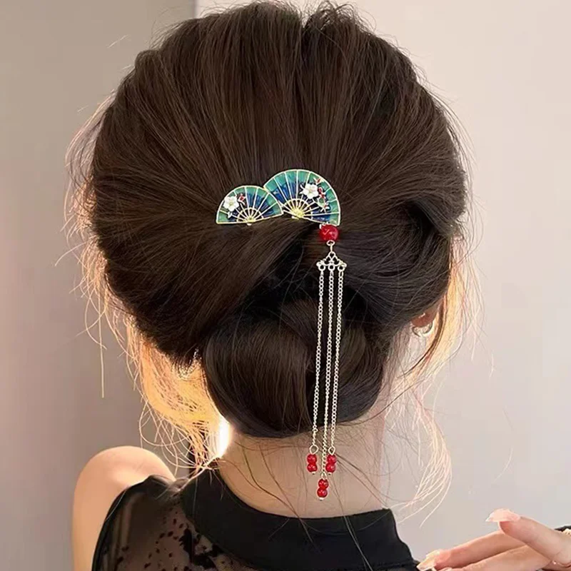 Chinese Style Tassel Fan Hair Stick Women Traditional Horse-face Skirt Hairpiece