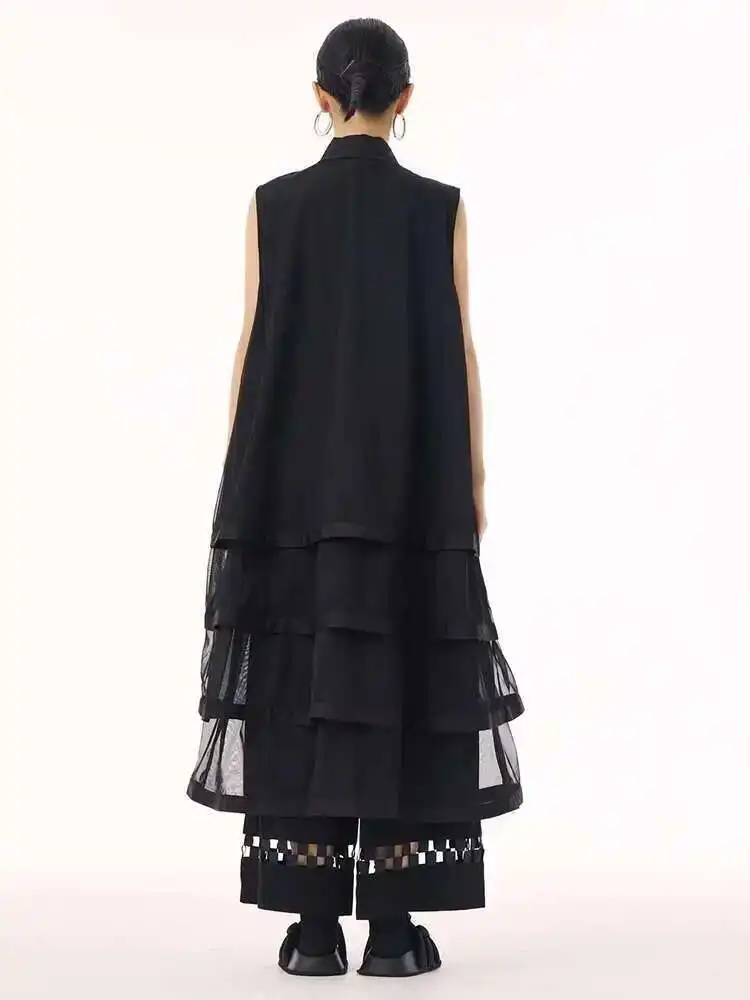 Mulheres camadas pretas malha tamanho grande midi colete camisa vestido nova lapela sem mangas moda maré primavera verão