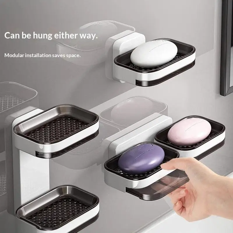 Wall Mounted Soap Dish Punch-Free Drawer Signal/Double Layer Storage Draining Holder Bathroom Organizer Rack Shelves〔White〕