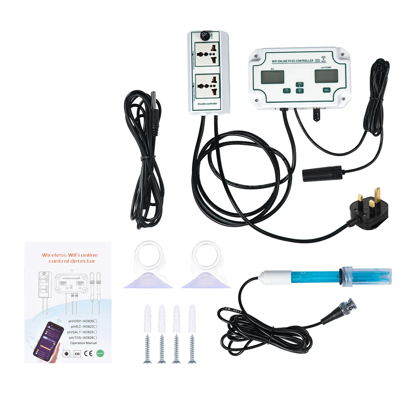 3-in-1 WiFi Water Quality Detector PH/EC/TEMP Electrode BNC Type Probe Water Quality Tester for Aquarium Hydroponics Monitor