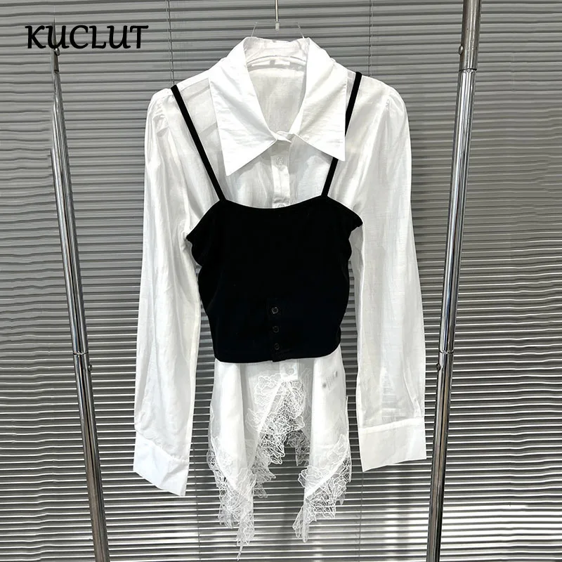 

KUCLUT 2025 Summer New Fashion Women's Two-pieces Set Lace Spliced Irregular Shirts Black Camisole Vest Female Trendy 1A260
