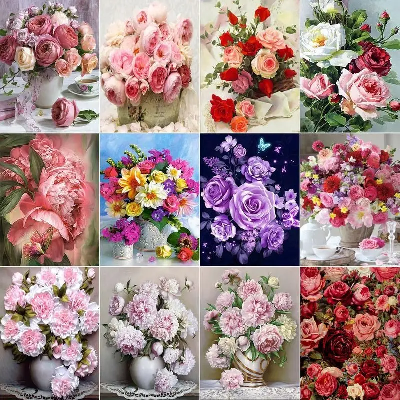 SDOYUNO Diamond Painting Pink Flower Full Square Diamond Embroidery Rose Decorative Cross Stitch Kit Home Decoration