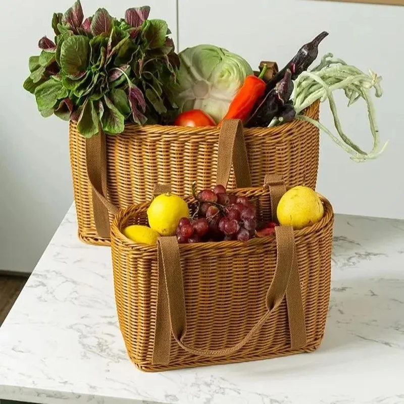 Cesta práctica de compra de comestibles para Primavera, cesta tejida de ratán para Picnic al aire libre, baño de Camping de plástico, cesta de verduras de Bambú