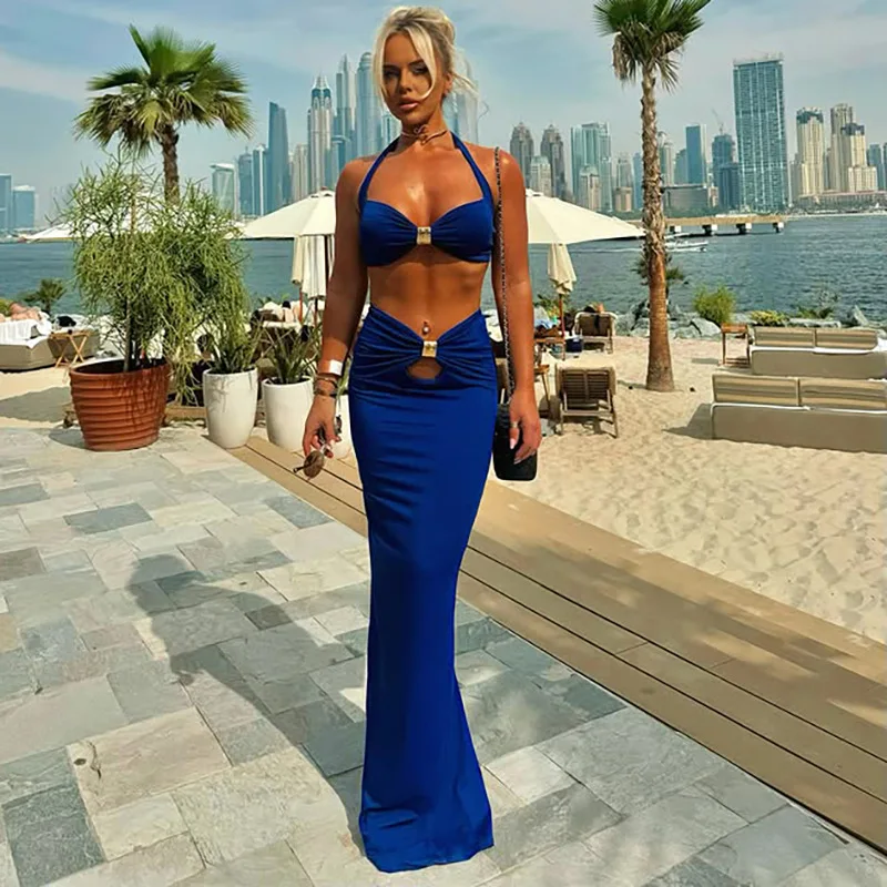 Yuzhexi pins halter sutiã superior com cintura alta ruched lápis vestido feminino elegante conjunto de duas peças verão festa wear