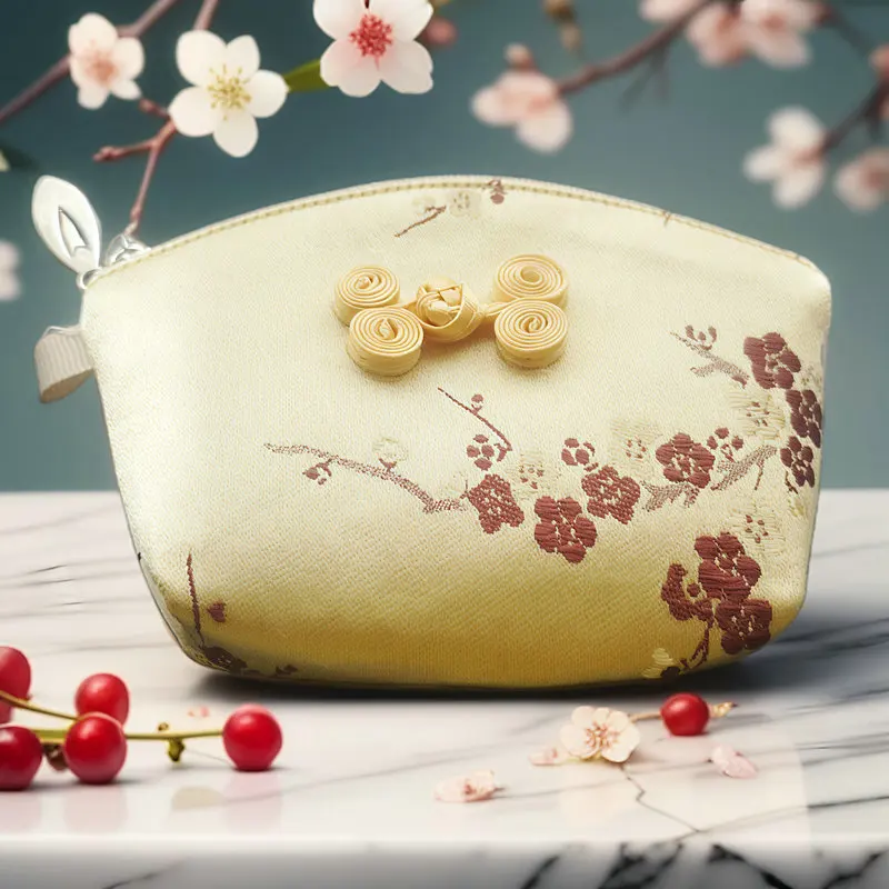 Beige Floral Coin Purses With Oriental Knot Design & Peach Blossom Pattern Design Wallet Retro Mini Bag Small Qipao Accessories