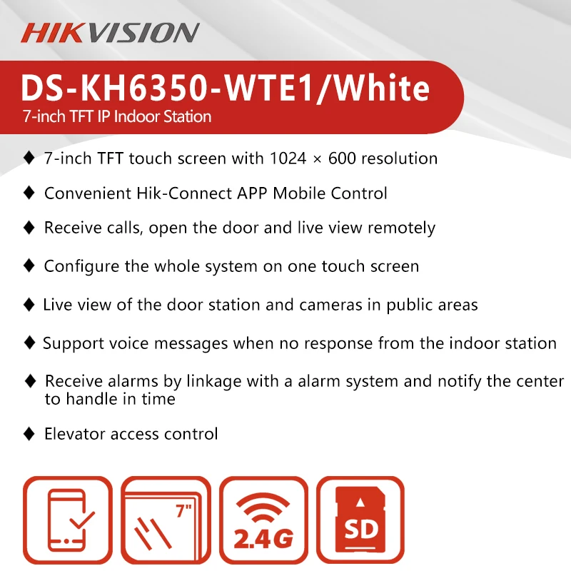Hikvision 7 Inci Wifi IP Stasiun Dalam Ruangan Tampilan Aplikasi Pesan Suara Kontrol Lift Interkom Video Rumah Pintar DS-KH6350-WTE1/Putih