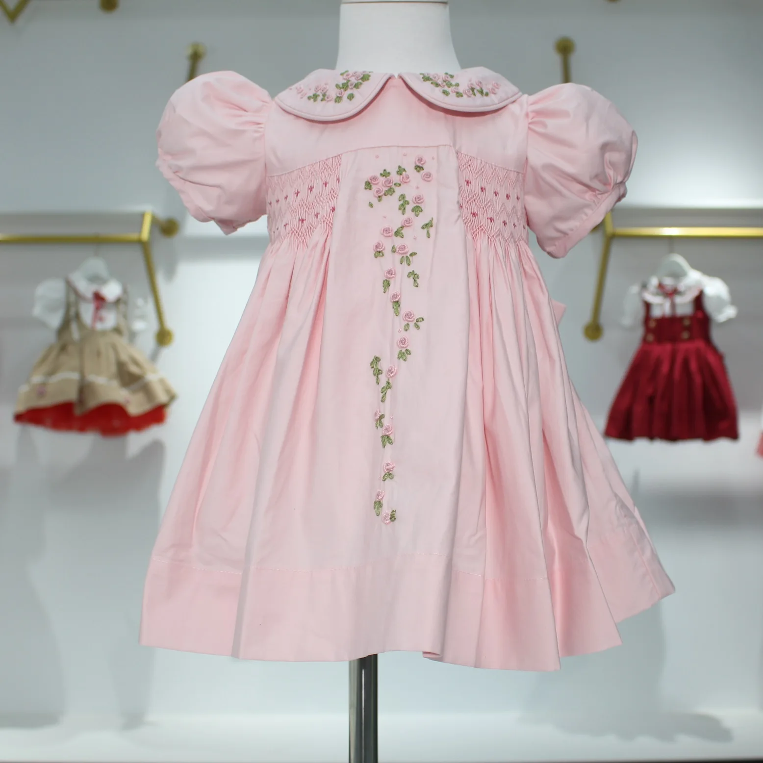 0-12Y Baby Girl Handmade Embroidery Smocked Pink Dress for Eid Party Birthday Holiday Photography Casual A147