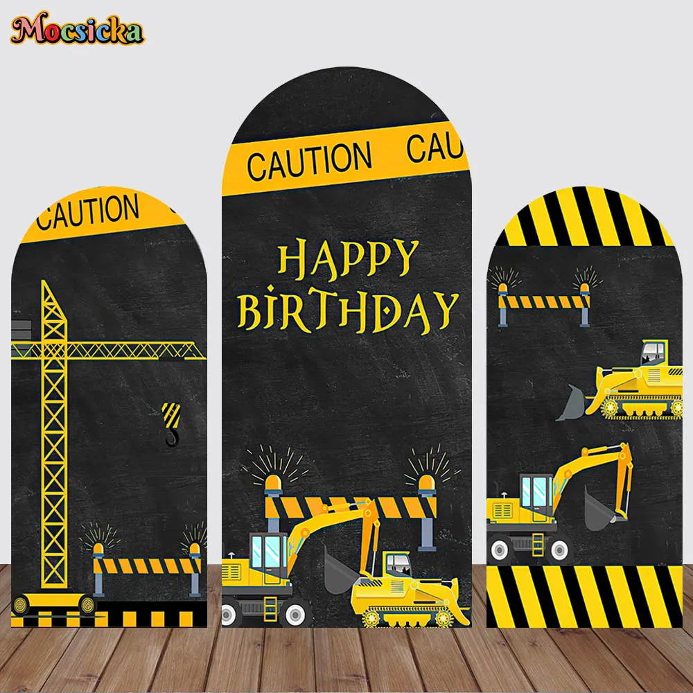 

Excavator Truck Arch Double-Sided Fitted Top Covers Construction Baby Shower Backdrops Boy Birthday Party Decor Photo Background