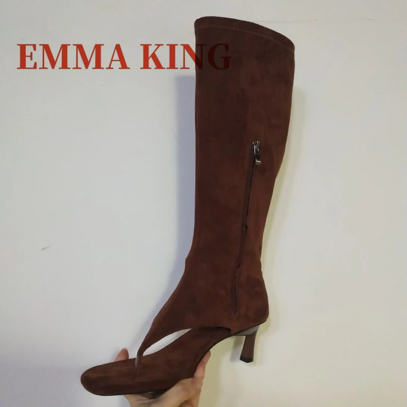 النساء هريرة كعب ثونغ الأحذية الإناث المفتوحة تو تمتد تصميم حذاء برقبة للركبة الربيع الصيف موضة المدرج الأحذية بوتاس دي Mujer